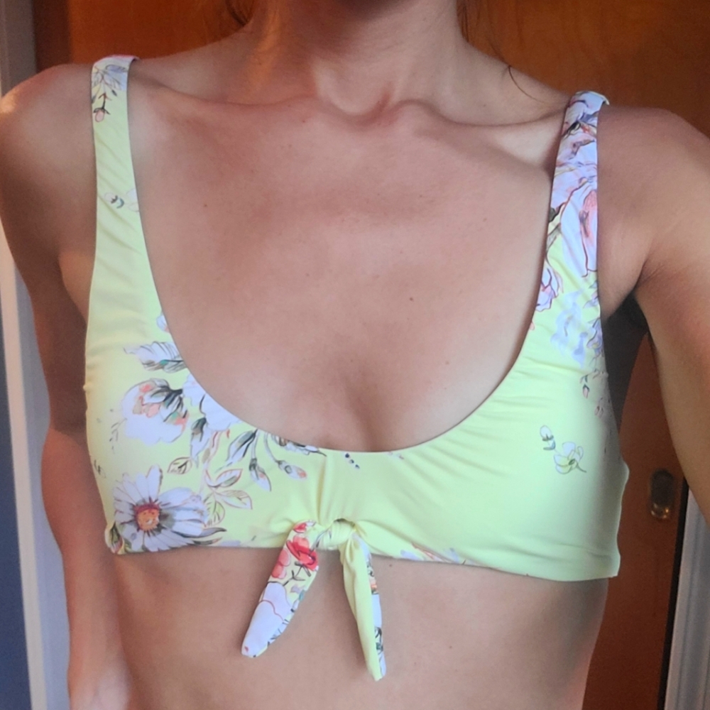Pale Yellow Banana Moon Floral Bikini Top with Tie Front